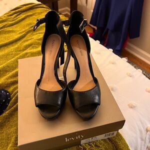 Levity Black T-Strap Peep-Toe Heels